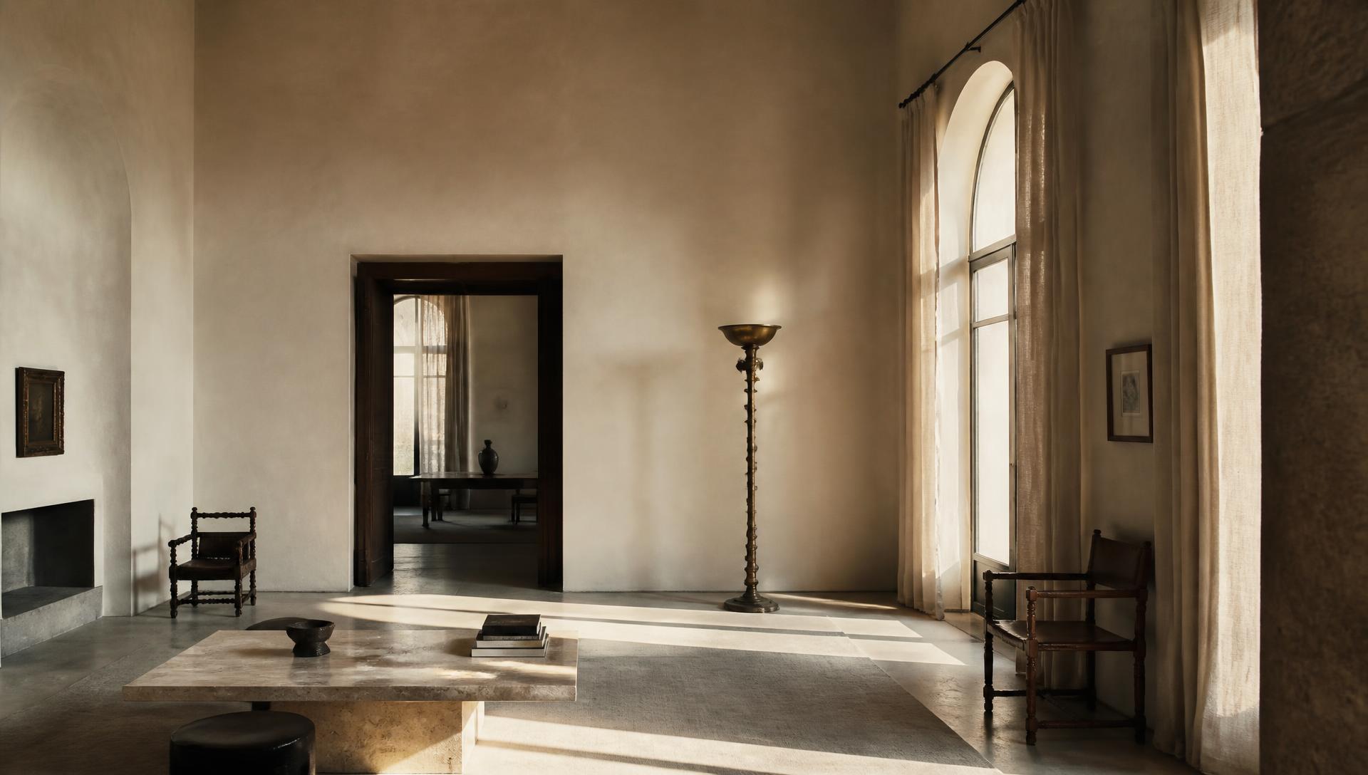 A tall plaster-walled room in warm ivory with arched windows and a single bronze lamp